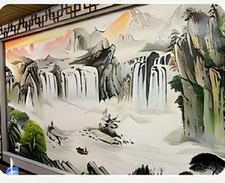 Mountain waterfall artwork printed on an indoor feature wall — large format wall printing