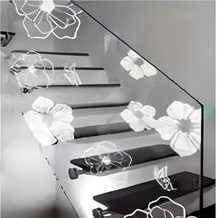 Floral pattern printed on glass stair panels — UV printing on glass Malaysia