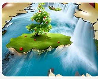 3D island and waterfall graphic printed directly on an indoor floor — 3D floor printing Malaysia