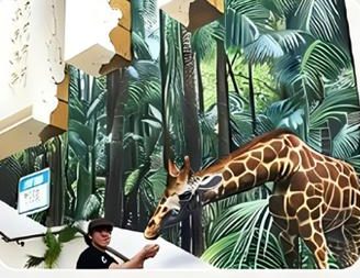 3D jungle and giraffe mural UV-printed on a stairwell wall — wall mural printing Malaysia